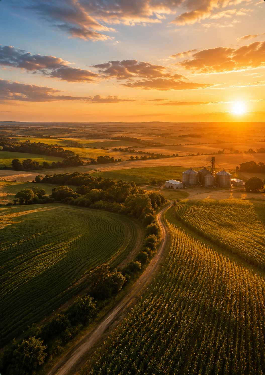 Vista aérea de lavouras e silos ao pôr do sol